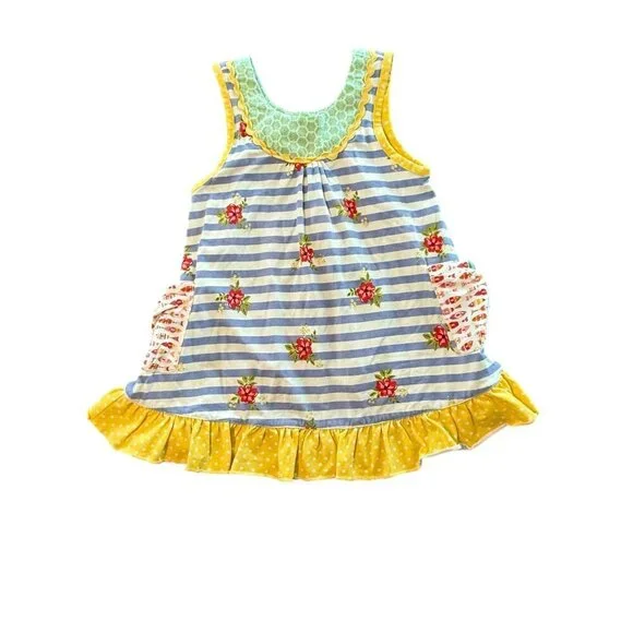 Matilda Jane Girls Ruffle Sleeveless Top Blue Striped Floral Yellow Size 4 - Picture 1 of 7